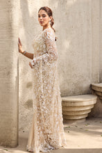 Load image into Gallery viewer, Ivory Organza, Georgette Pearls, Embroidery Scoop Hand Pre-draped Saree Set