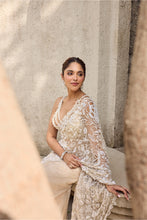 Load image into Gallery viewer, Ivory Organza, Georgette Pearls, Embroidery Scoop Hand Pre-draped Saree Set