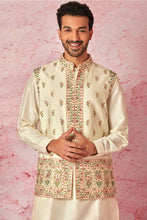 Load image into Gallery viewer, Cream Silk Kurta Bundi Set with Resham Floral Embroidery