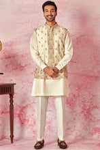 Load image into Gallery viewer, Cream Silk Kurta Bundi Set with Resham Floral Embroidery