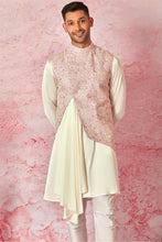 Load image into Gallery viewer, Pink Draped Asymmetrical Chanderi Silk Bundi with Ivory Satin Draped Kurta