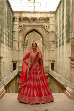 Load image into Gallery viewer, Red Satin Silk Lehenga Set