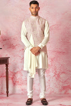 Load image into Gallery viewer, Pink Draped Asymmetrical Chanderi Silk Bundi with Ivory Satin Draped Kurta