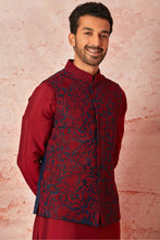 Load image into Gallery viewer, Navy Blue Raw Silk Bundi with Red Kiran Dori Embroidery