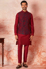 Load image into Gallery viewer, Navy Blue Raw Silk Bundi with Red Kiran Dori Embroidery
