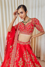 Load image into Gallery viewer, Morbel - Red Raw Silk Zardosi Bridal Lehenga Set