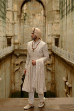 Load image into Gallery viewer, Light Beige Raw Silk Sherwani Set