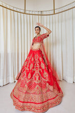 Load image into Gallery viewer, Morbel - Red Raw Silk Zardosi Bridal Lehenga Set