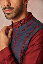Load image into Gallery viewer, Maroon Raw Silk Kurta with Green-Blue Embroidered Bundi Set