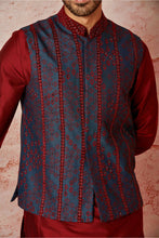 Load image into Gallery viewer, Maroon Raw Silk Kurta with Green-Blue Embroidered Bundi Set