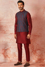 Load image into Gallery viewer, Maroon Raw Silk Kurta with Green-Blue Embroidered Bundi Set