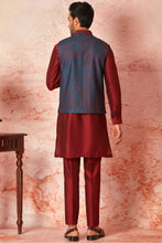 Load image into Gallery viewer, Maroon Raw Silk Kurta with Green-Blue Embroidered Bundi Set