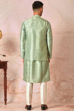 Load image into Gallery viewer, Green Raw Silk Open Bundi Set with Resham and Mirror Embroidery