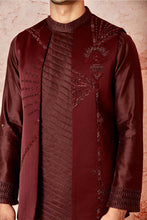 Load image into Gallery viewer, Wine Long Open Silk Bundi with Pleated Hand-Embroidered Chanderi Kurta