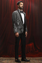 Load image into Gallery viewer, Black Cutdana Embroidered Velvet Blazer with Shawl Lapel