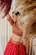 Load image into Gallery viewer, Tircha Pan - Ruby Jewel Red Raw Silk Zardosi Bridal Lehenga Set
