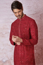 Load image into Gallery viewer, Red Radiance: Chanderi Silk Kurta with Resham and Sequins, Cross Stitch Embroidery