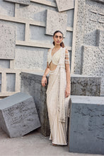 Load image into Gallery viewer, Ivory Satin Pearls, Tassels V-neck Hand Embroidered Pre-draped Saree Set
