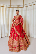 Load image into Gallery viewer, Tircha Pan - Ruby Jewel Red Raw Silk Zardosi Bridal Lehenga Set