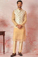 Load image into Gallery viewer, Cream Raw Silk Bundi with Beige Tussar Silk Kurta Set