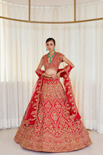 Load image into Gallery viewer, Barfi Mor - Red Raw Silk Zardosi Bridal Lehenga Set