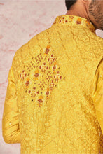 Load image into Gallery viewer, Haldi Mustard Embroidered Chanderi Silk Kurta Bundi Set