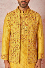 Load image into Gallery viewer, Haldi Mustard Embroidered Chanderi Silk Kurta Bundi Set