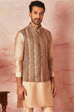 Load image into Gallery viewer, Linen Bundi with Beige Silk Kurta and Pyjama Set