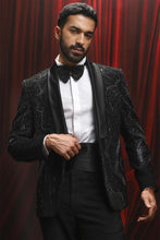 Load image into Gallery viewer, Black Sequins Tuxedo Blazer with Embroidery
