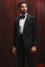 Load image into Gallery viewer, Black resham Embroidered Velvet Tuxedo Blazer