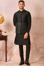 Load image into Gallery viewer, Sleek Black Silk Leather-Embellished Bundi & Kurta Set