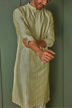Load image into Gallery viewer, Lime Striped Resham Fusion Tussar Silk Kurta