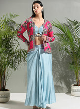 Load image into Gallery viewer, Grey top and skirt set with Fuchsia Jacket