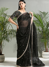 Load image into Gallery viewer, Black organza saree with embroidered blouse
