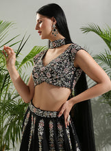 Load image into Gallery viewer, Black Thread and Mirror hand embroidered Lehenga set