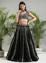 Load image into Gallery viewer, Black Thread and Mirror hand embroidered Lehenga set