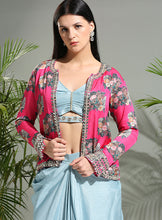 Load image into Gallery viewer, Grey top and skirt set with Fuchsia Jacket
