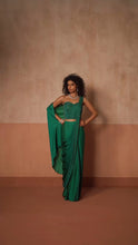 Load image into Gallery viewer, Predraped, emerald green hand embroidered satin saree with corset blouse