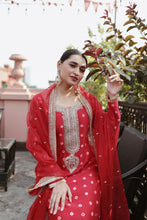 Load image into Gallery viewer, RED EMBROIDERD SUIT WITH SHARARA