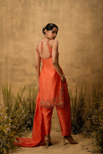 Load image into Gallery viewer, Bright orange hand embroidered chanderi silk suit set with organza dupatta
