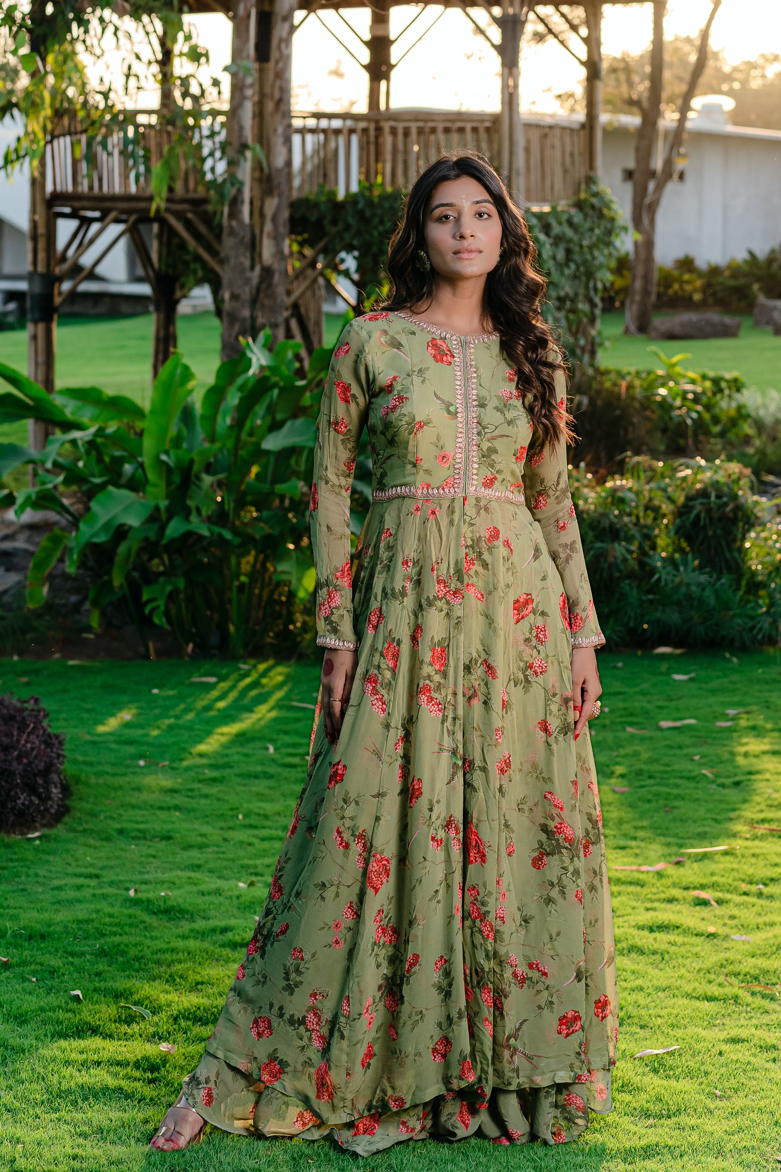 Pista Green Anarkali style Suits Butterfly Net