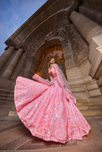 Load image into Gallery viewer, Neon Peach Pink Sequin Lehenga Set