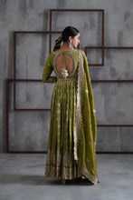 Load image into Gallery viewer, Mehendi green embroidered anarkali churidar dupatta