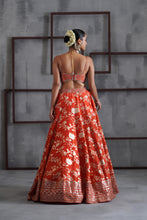 Load image into Gallery viewer, Orange embroidered bustier, banarsi lehenga and dupatta