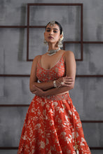 Load image into Gallery viewer, Orange embroidered bustier, banarsi lehenga and dupatta