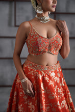 Load image into Gallery viewer, Orange embroidered bustier, banarsi lehenga and dupatta
