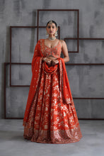 Load image into Gallery viewer, Orange embroidered bustier, banarsi lehenga and dupatta