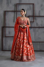 Load image into Gallery viewer, Orange embroidered bustier, banarsi lehenga and dupatta