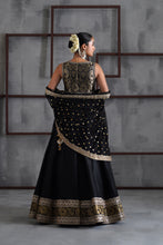 Load image into Gallery viewer, Black brocade blouse, lehenga and dupatta