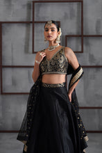 Load image into Gallery viewer, Black brocade blouse, lehenga and dupatta